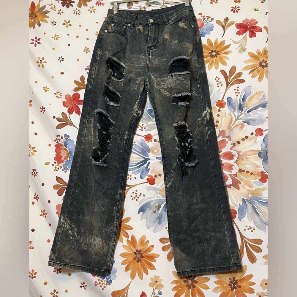 Women’s 28 Stretchy Black Denim Grunge Bleach Dye Ripped Distressed Jeans Fall